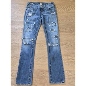 True Religion Jeans Womens 26 Distressed Straight Leg Denim Made in US 29x33